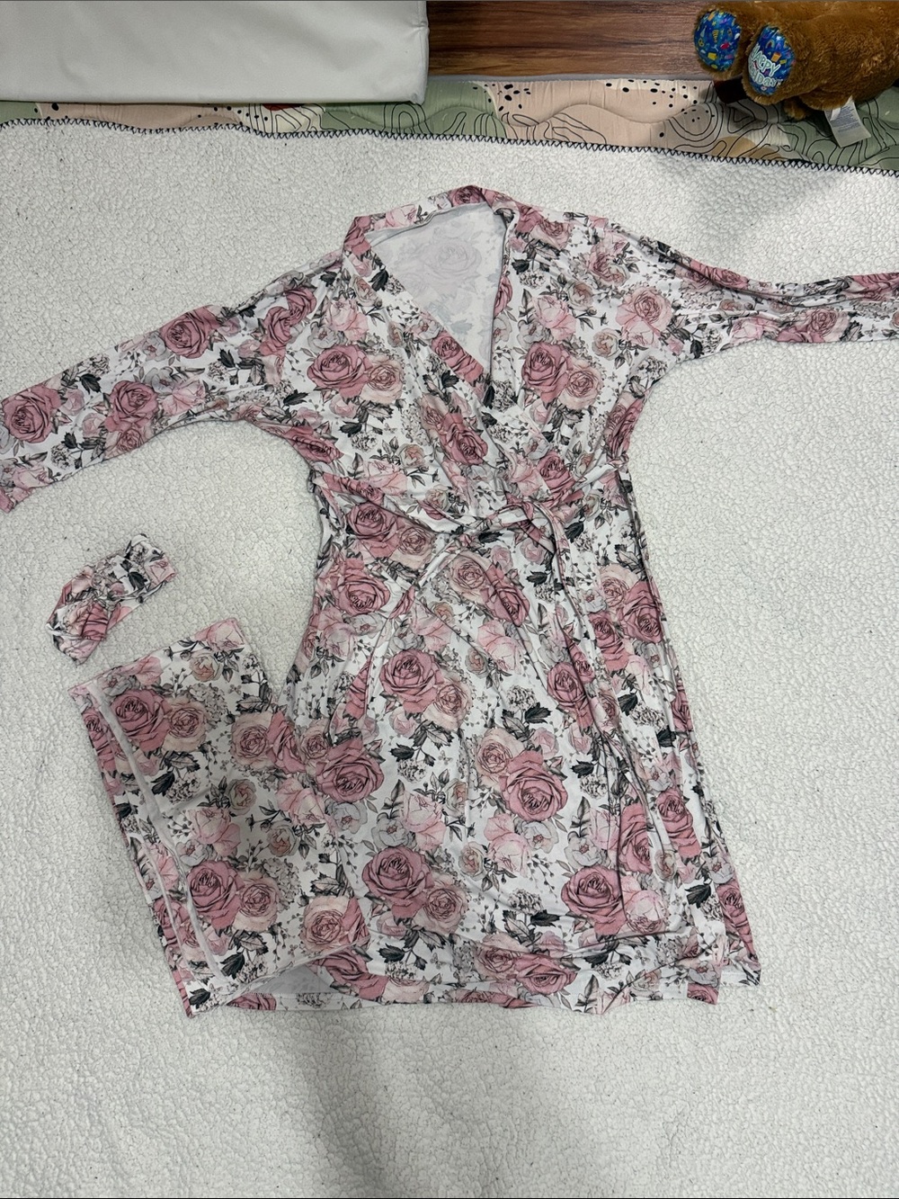 Mommy and me matching set. Rose Print Robe and rose print swaddle blanket.